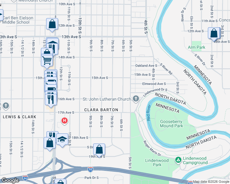 map of restaurants, bars, coffee shops, grocery stores, and more near 1510 7th Street South in Fargo