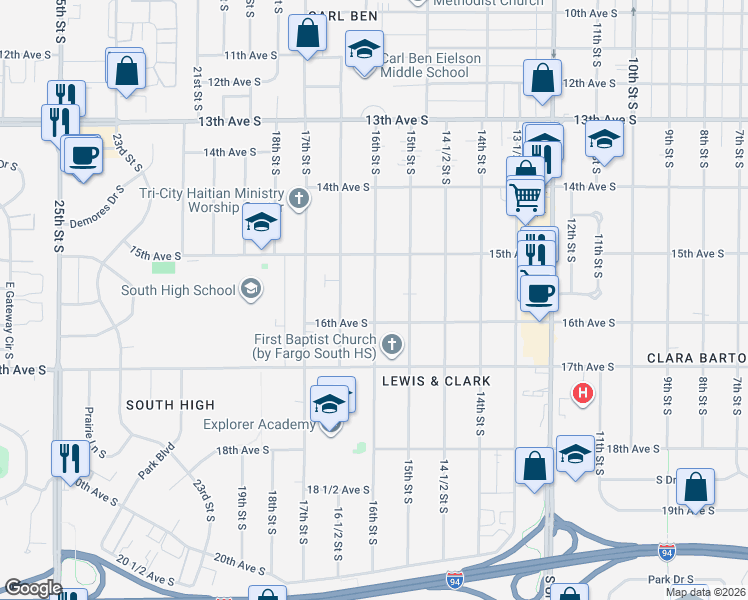 map of restaurants, bars, coffee shops, grocery stores, and more near 1512 16th St S in Fargo