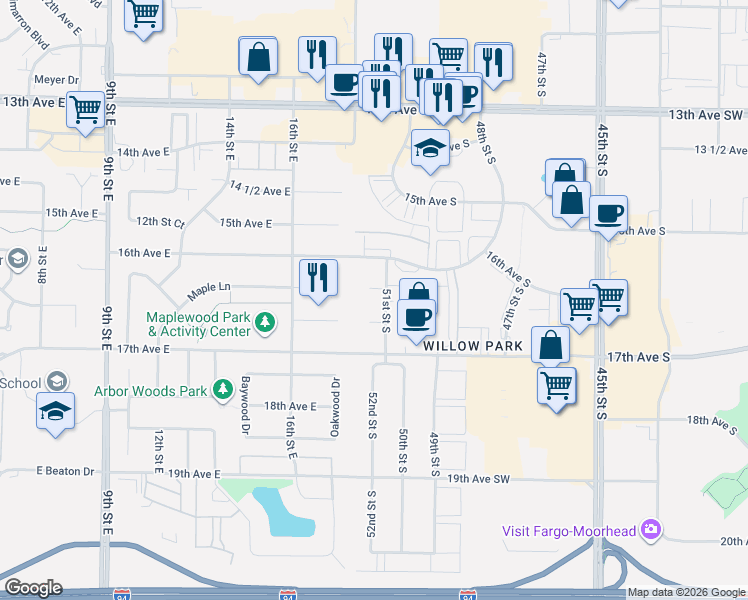 map of restaurants, bars, coffee shops, grocery stores, and more near 1607 51st Street South in Fargo