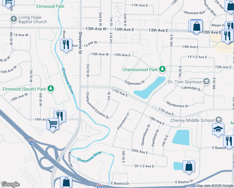 map of restaurants, bars, coffee shops, grocery stores, and more near 142 17th Ave E in West Fargo