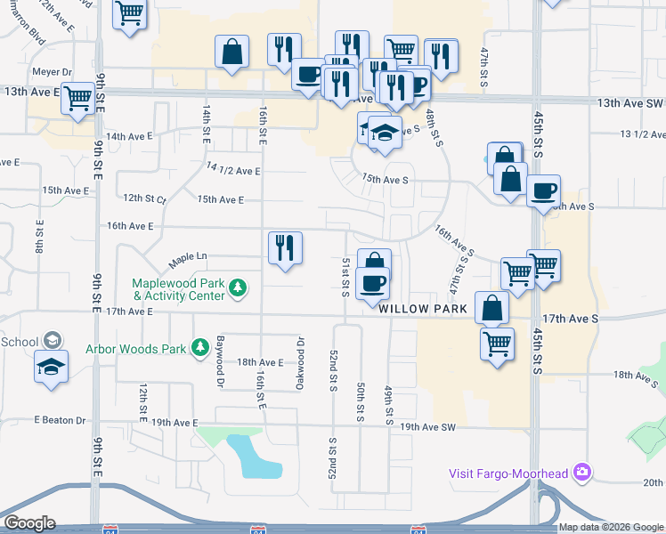 map of restaurants, bars, coffee shops, grocery stores, and more near 1607 51st Street South in Fargo