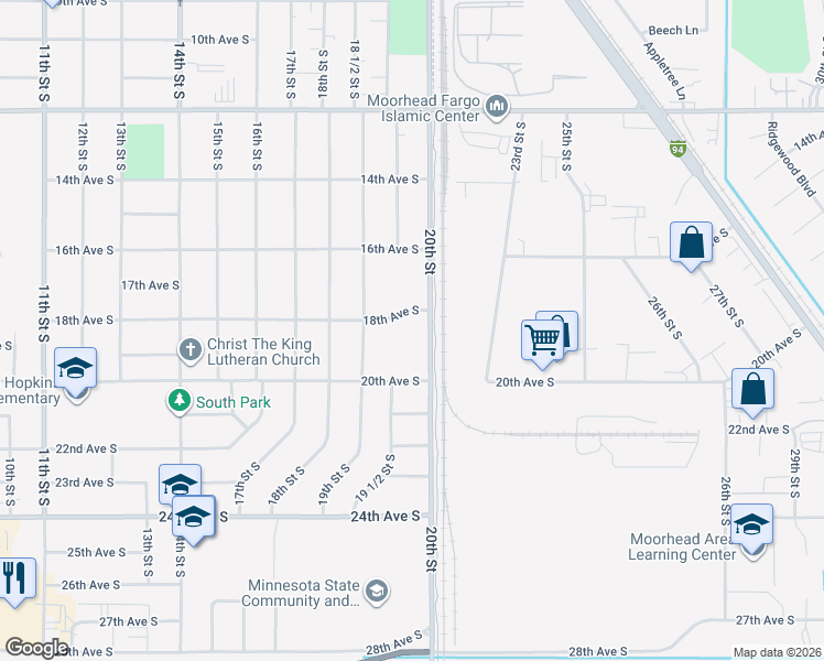 map of restaurants, bars, coffee shops, grocery stores, and more near 1805 20th Street South in Moorhead
