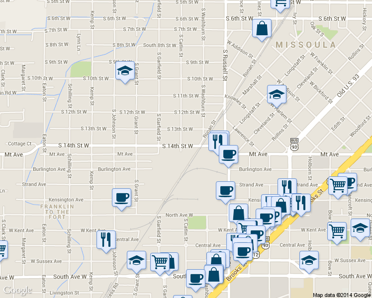 map of restaurants, bars, coffee shops, grocery stores, and more near 1651 S 14th Street West in Missoula