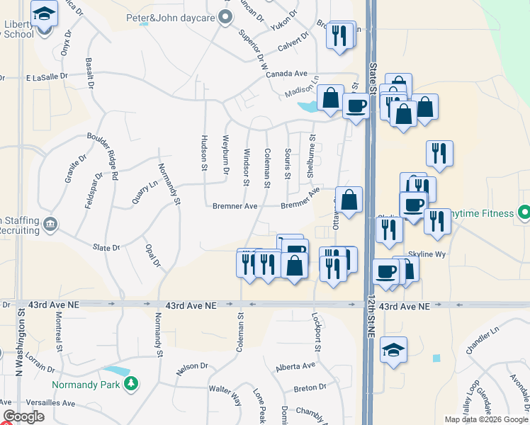 map of restaurants, bars, coffee shops, grocery stores, and more near 4708 Coleman Street in Bismarck