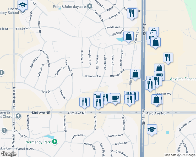 map of restaurants, bars, coffee shops, grocery stores, and more near 821 Bremner Avenue in Bismarck
