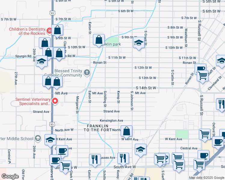 map of restaurants, bars, coffee shops, grocery stores, and more near 2131 South 14th Street West in Missoula