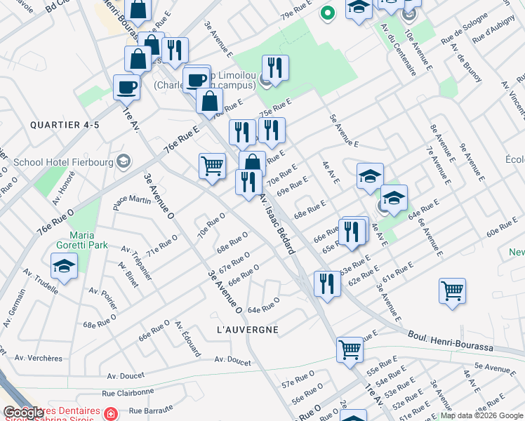 map of restaurants, bars, coffee shops, grocery stores, and more near 6905 Avenue Isaac Bédard in Québec