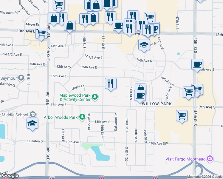 map of restaurants, bars, coffee shops, grocery stores, and more near 1606 Maple Pl in West Fargo