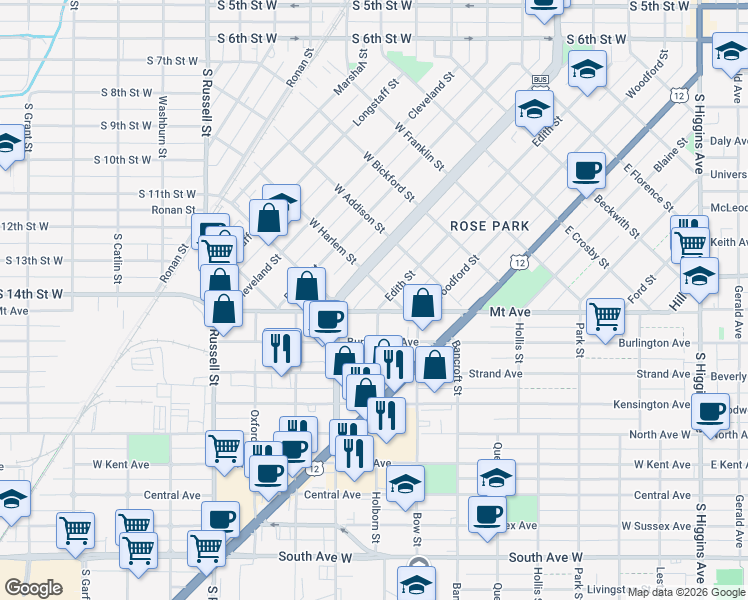map of restaurants, bars, coffee shops, grocery stores, and more near 1007 Edith Street in Missoula