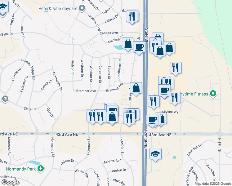 map of restaurants, bars, coffee shops, grocery stores, and more near 4705 Shelburne Street in Bismarck