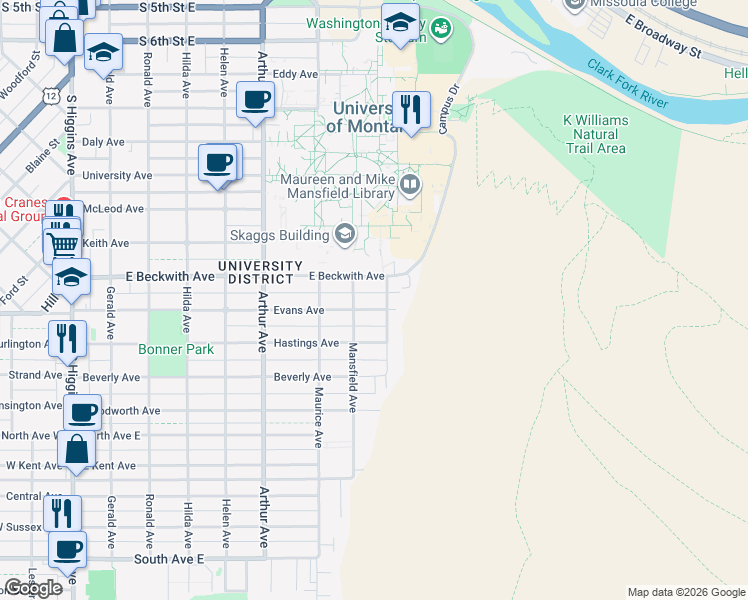map of restaurants, bars, coffee shops, grocery stores, and more near 801 East Beckwith Avenue in Missoula