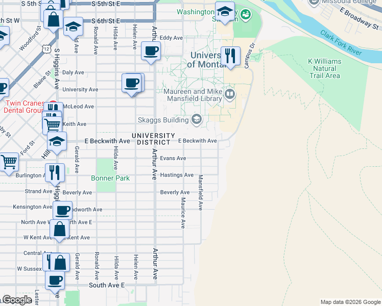 map of restaurants, bars, coffee shops, grocery stores, and more near 701 East Beckwith Avenue in Missoula