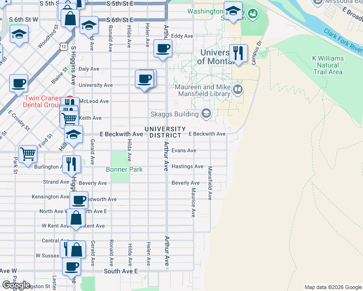 map of restaurants, bars, coffee shops, grocery stores, and more near 643 East Beckwith Avenue in Missoula