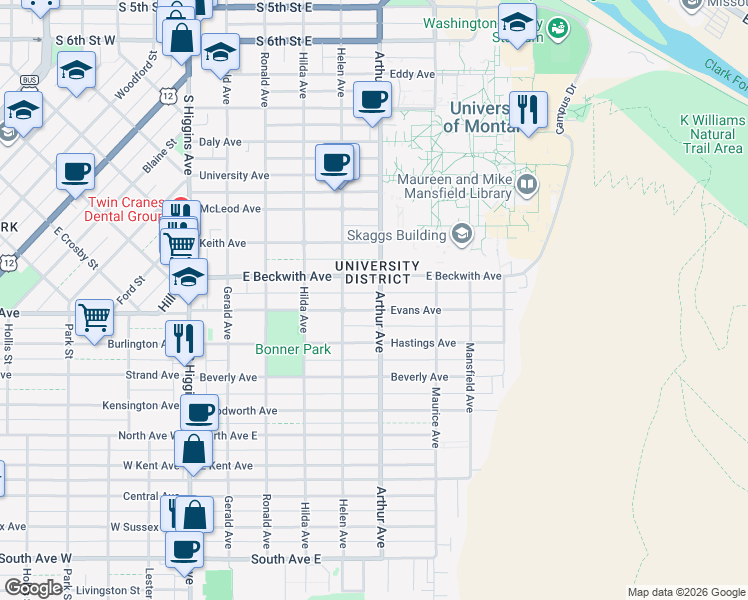 map of restaurants, bars, coffee shops, grocery stores, and more near in Missoula