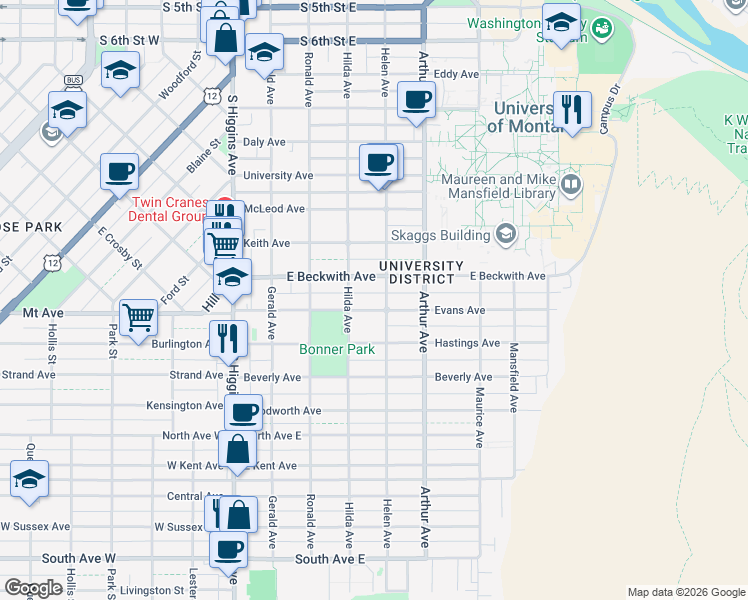 map of restaurants, bars, coffee shops, grocery stores, and more near 1501-1509 Helen Avenue in Missoula