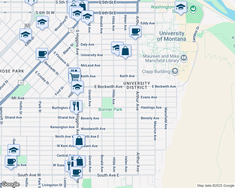 map of restaurants, bars, coffee shops, grocery stores, and more near 1525 Hilda Avenue in Missoula
