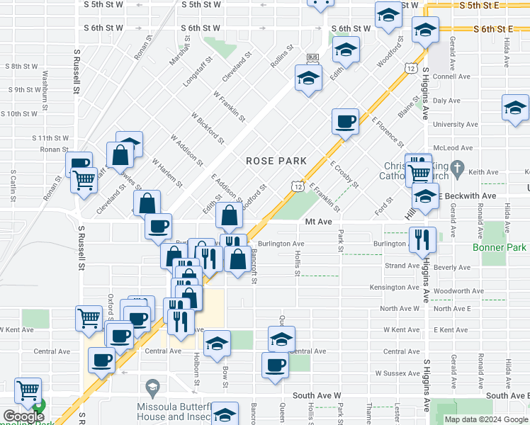 map of restaurants, bars, coffee shops, grocery stores, and more near 822 Woodford Street in Missoula