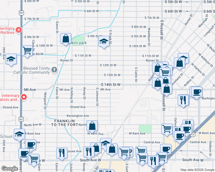 map of restaurants, bars, coffee shops, grocery stores, and more near 1930 South 14th Street West in Missoula