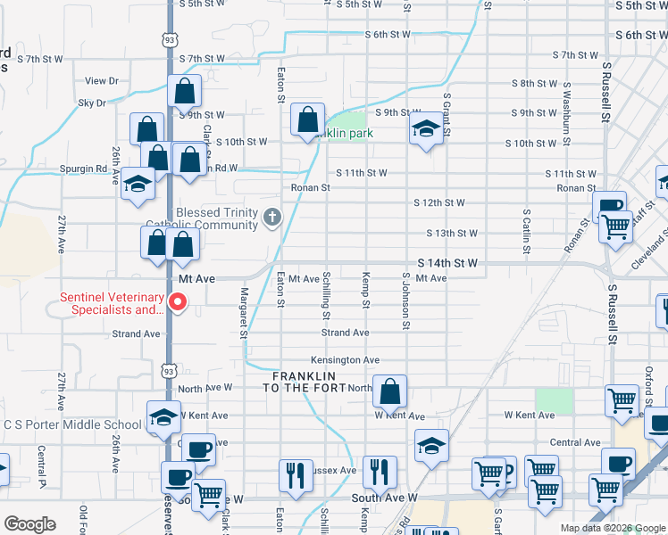 map of restaurants, bars, coffee shops, grocery stores, and more near 2150 South 14th Street West in Missoula