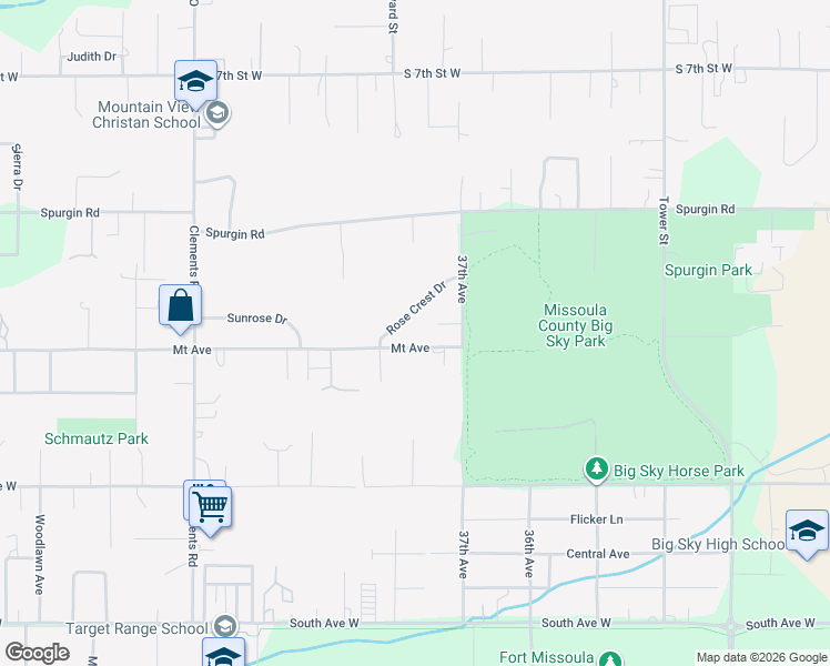 map of restaurants, bars, coffee shops, grocery stores, and more near 3740 Rose Crest Drive in Missoula