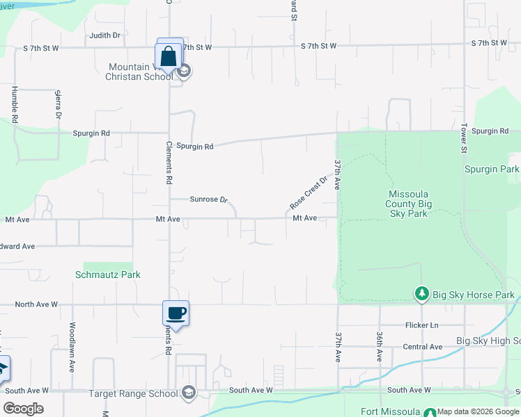 map of restaurants, bars, coffee shops, grocery stores, and more near 3916 Sunrose Drive in Missoula