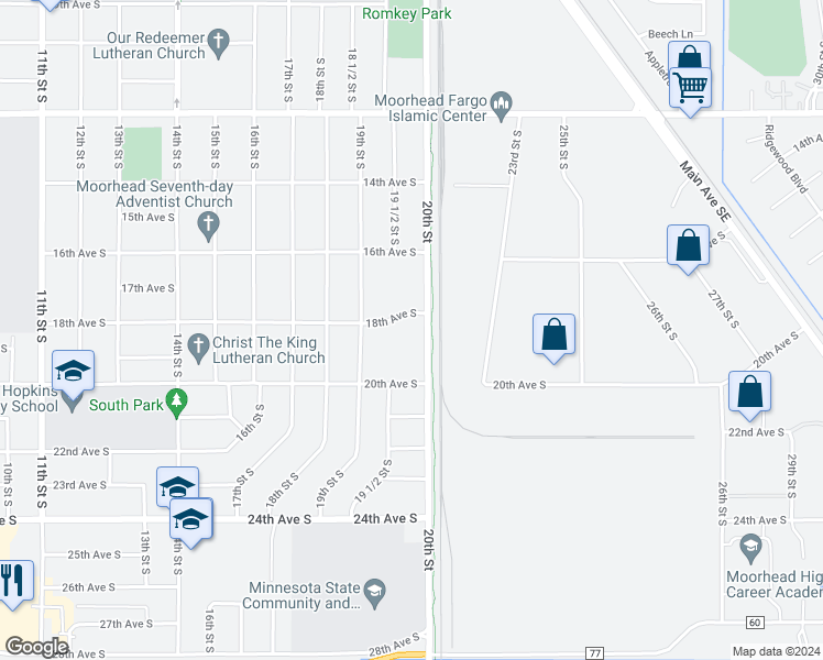 map of restaurants, bars, coffee shops, grocery stores, and more near 1615 20th Street in Moorhead