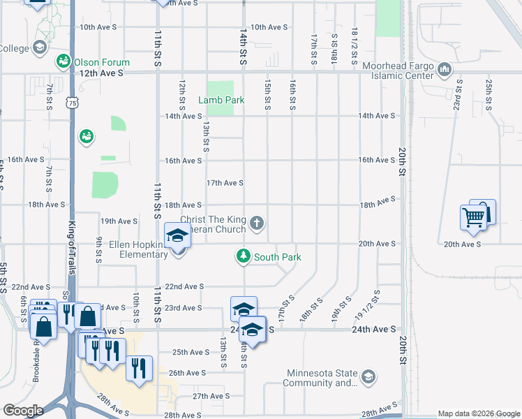 map of restaurants, bars, coffee shops, grocery stores, and more near 1717 15th Street South in Moorhead