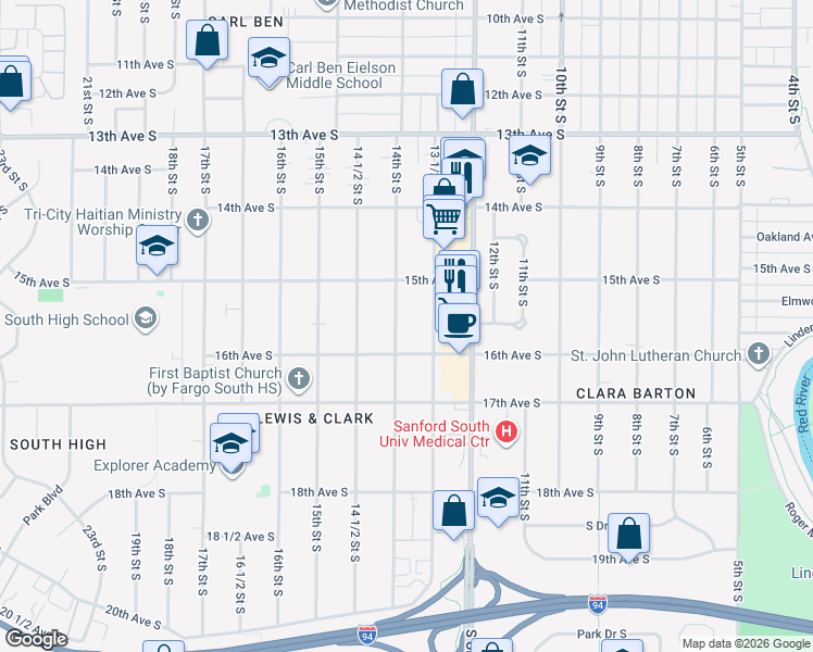 map of restaurants, bars, coffee shops, grocery stores, and more near 1514 14th Street South in Fargo
