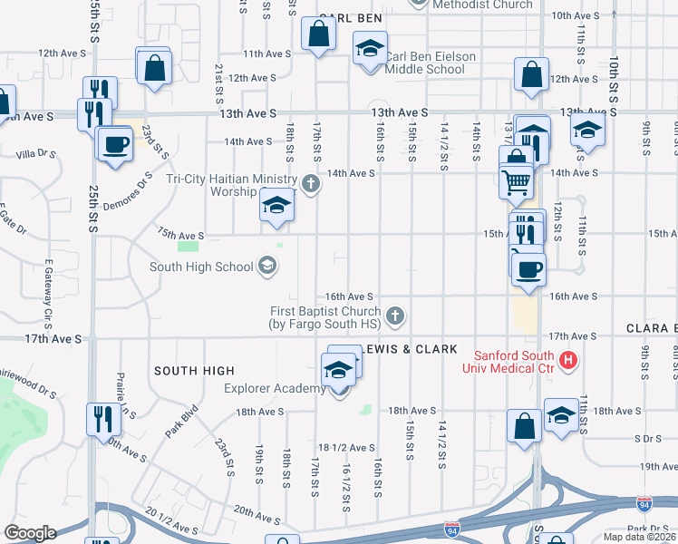 map of restaurants, bars, coffee shops, grocery stores, and more near 1508 17th Street South in Fargo