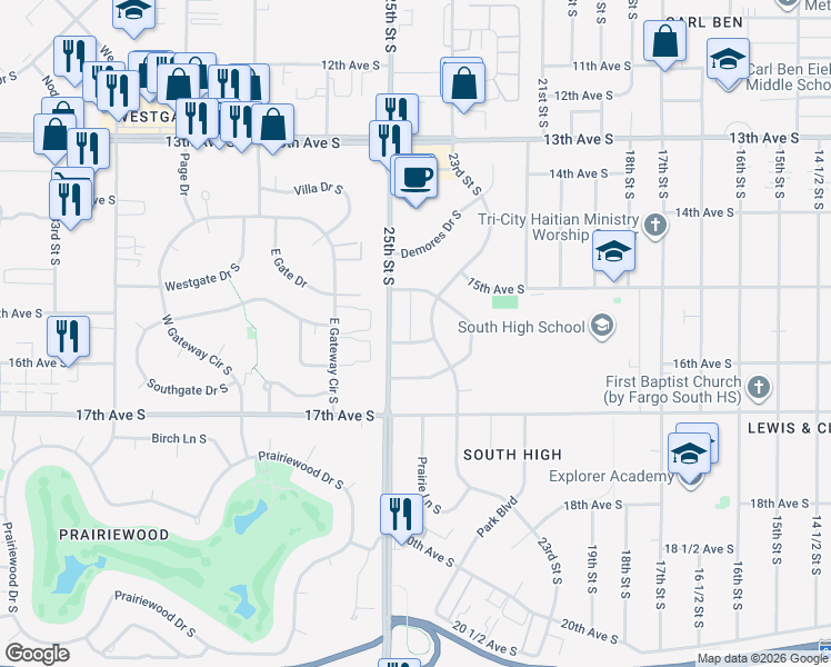 map of restaurants, bars, coffee shops, grocery stores, and more near 2402 North Flickertail Drive South in Fargo
