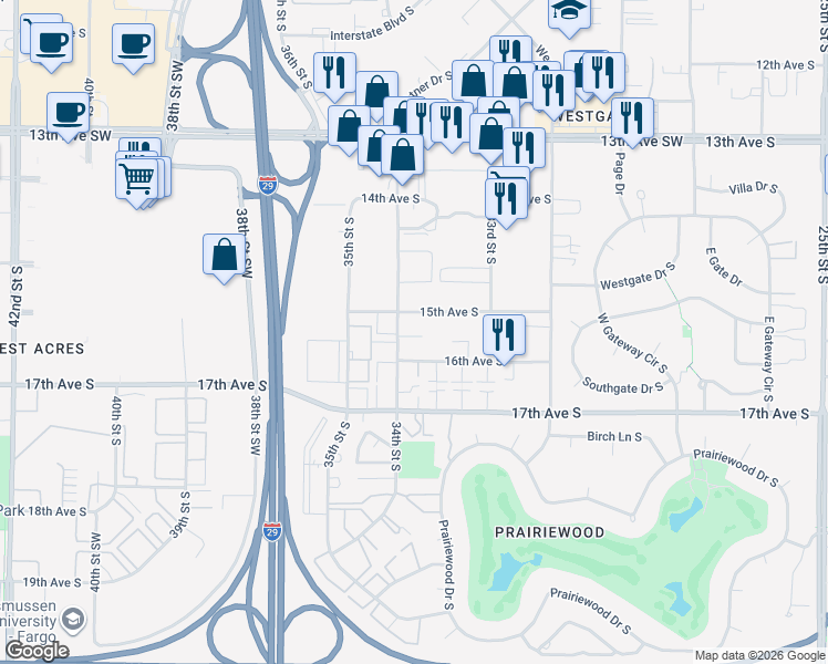 map of restaurants, bars, coffee shops, grocery stores, and more near 3354 15th Avenue South in Fargo