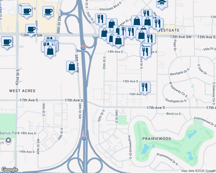 map of restaurants, bars, coffee shops, grocery stores, and more near 3417 15th Avenue South in Fargo