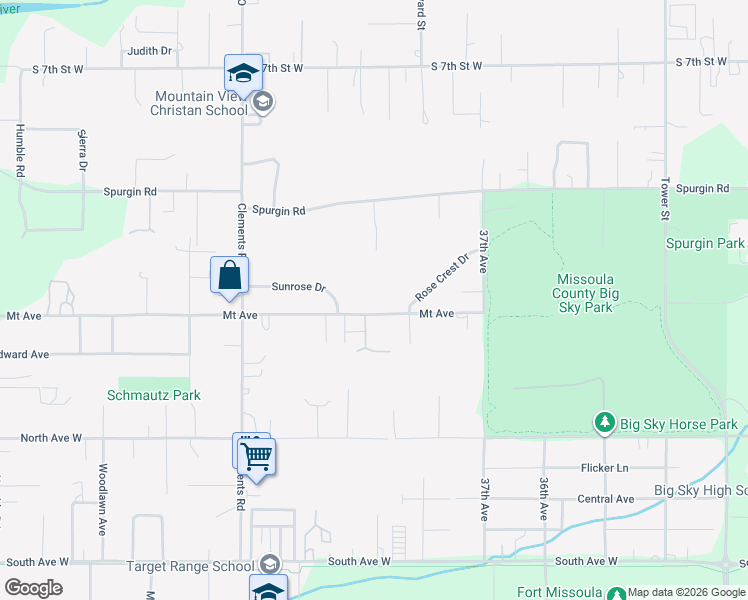 map of restaurants, bars, coffee shops, grocery stores, and more near 3916 Sunrose Drive in Missoula
