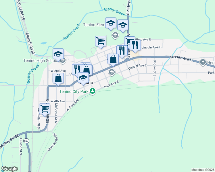 map of restaurants, bars, coffee shops, grocery stores, and more near 197 West Central Avenue in Tenino