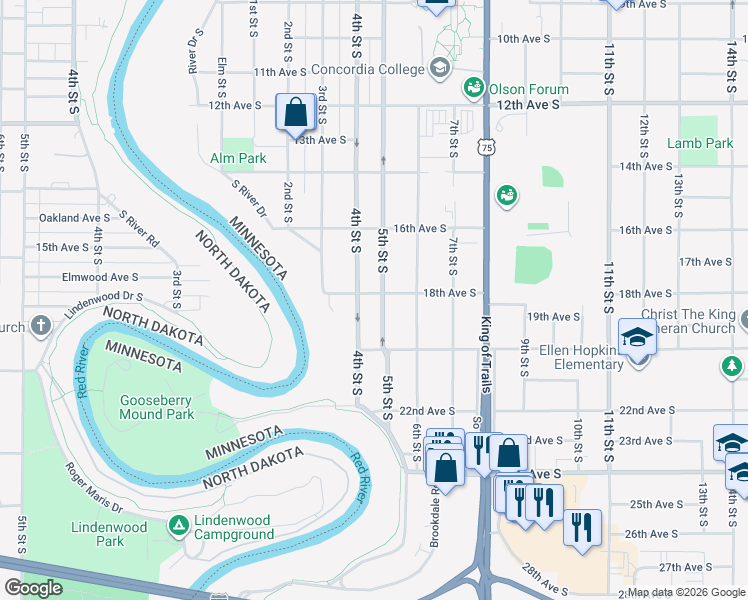 map of restaurants, bars, coffee shops, grocery stores, and more near 1710 5th Street South in Moorhead