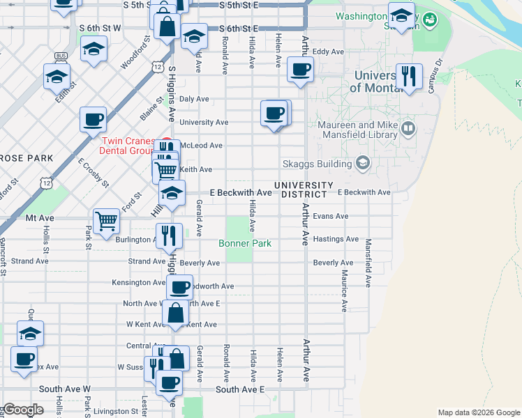 map of restaurants, bars, coffee shops, grocery stores, and more near 1525 Hilda Avenue in Missoula