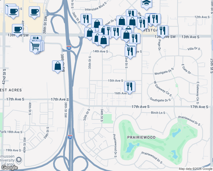 map of restaurants, bars, coffee shops, grocery stores, and more near 3354 15th Avenue South in Fargo