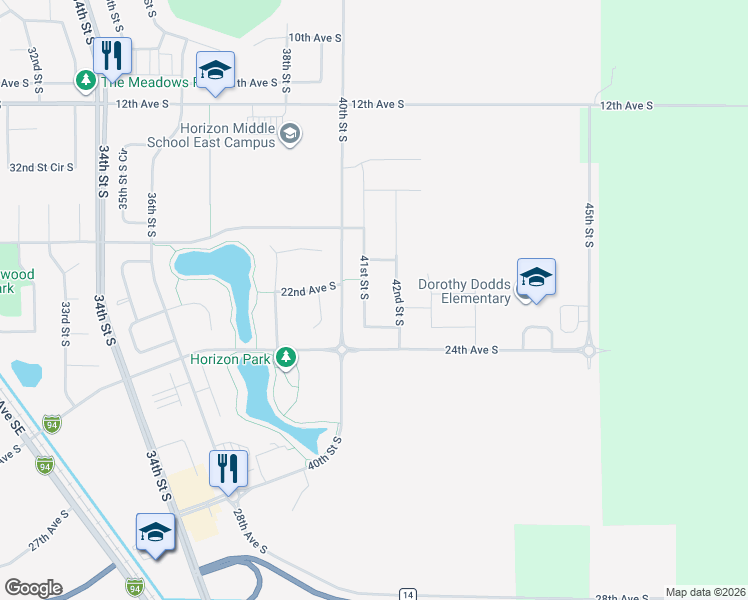 map of restaurants, bars, coffee shops, grocery stores, and more near 2028 41st Street South in Moorhead