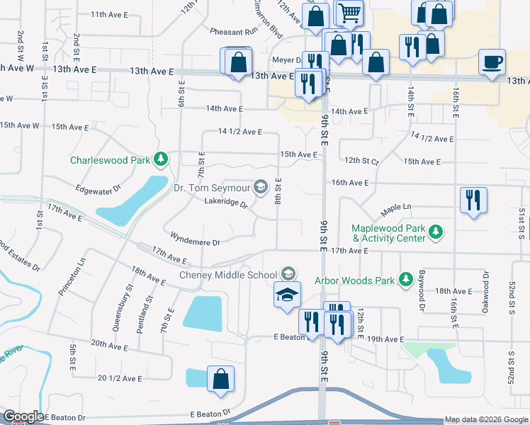 map of restaurants, bars, coffee shops, grocery stores, and more near 1566 Woodridge Lane in West Fargo