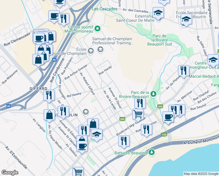map of restaurants, bars, coffee shops, grocery stores, and more near 2485 Avenue Saint David in Québec