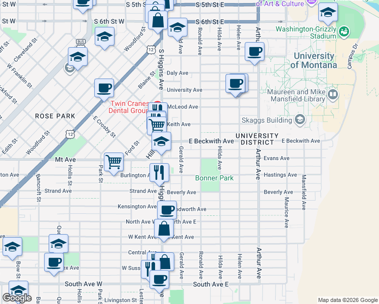 map of restaurants, bars, coffee shops, grocery stores, and more near 201 E Beckwith Ave in Missoula