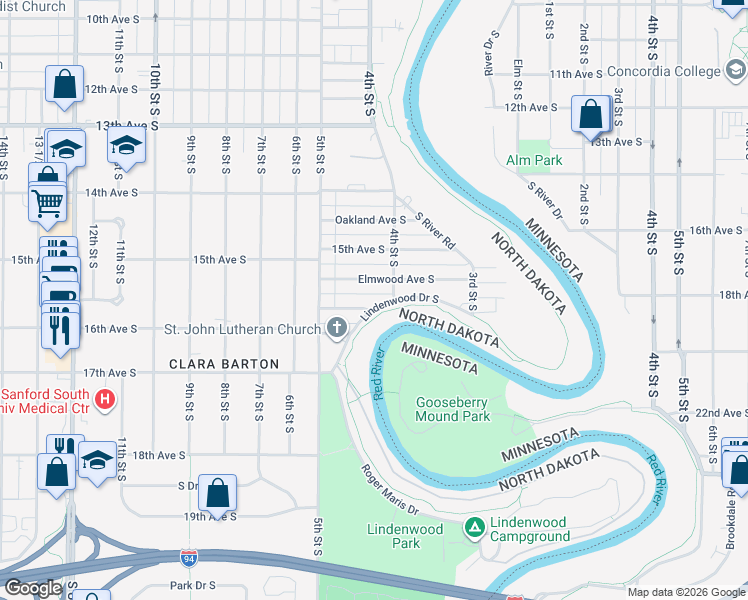 map of restaurants, bars, coffee shops, grocery stores, and more near 422 Elmwood Avenue South in Fargo