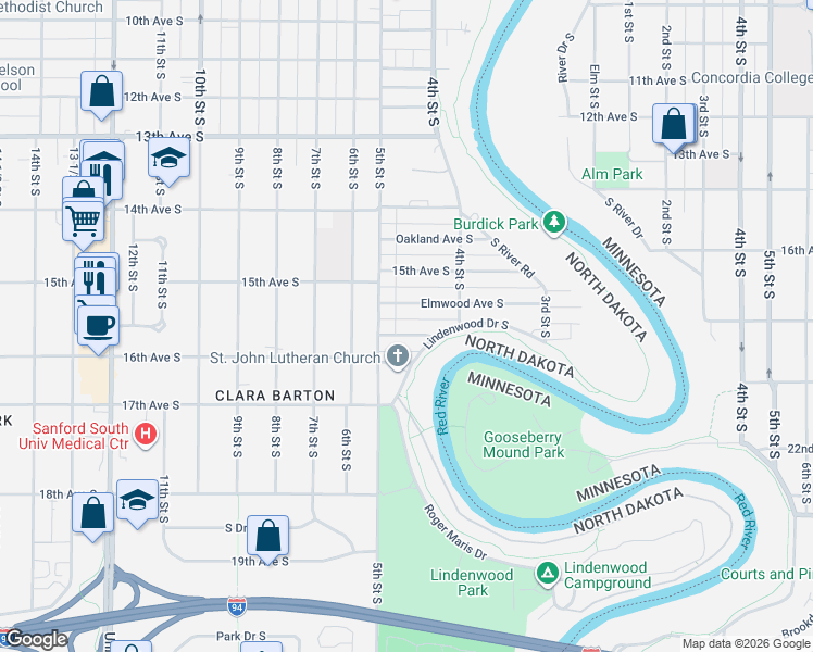 map of restaurants, bars, coffee shops, grocery stores, and more near 1526 5th St S in Fargo