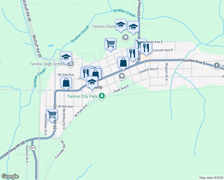 map of restaurants, bars, coffee shops, grocery stores, and more near 197 West Central Avenue in Tenino