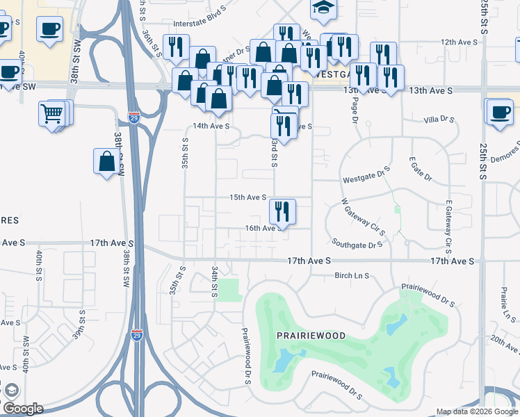 map of restaurants, bars, coffee shops, grocery stores, and more near 3325 15th Avenue South in Fargo