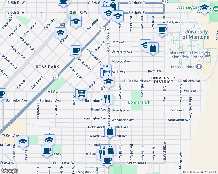 map of restaurants, bars, coffee shops, grocery stores, and more near S Higgins Ave & W Beckwith St E in Missoula