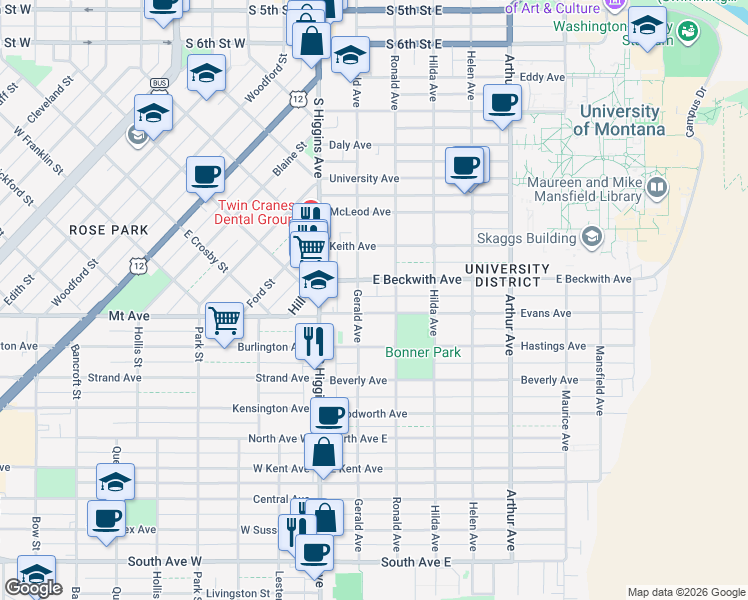 map of restaurants, bars, coffee shops, grocery stores, and more near 201 E Beckwith Ave in Missoula