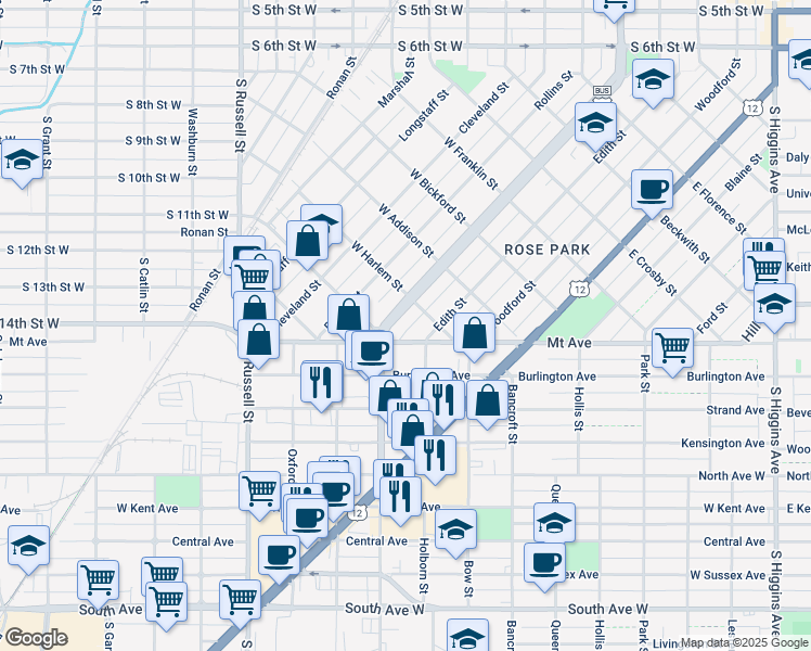 map of restaurants, bars, coffee shops, grocery stores, and more near 1000 Stephens Avenue in Missoula
