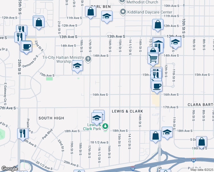 map of restaurants, bars, coffee shops, grocery stores, and more near 1522 16 1/2 St S in Fargo