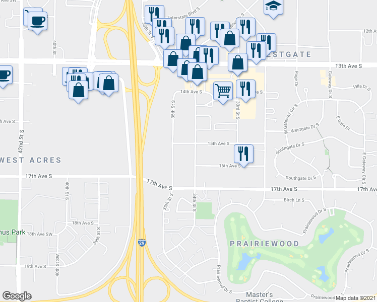 map of restaurants, bars, coffee shops, grocery stores, and more near 3417 15th Avenue South in Fargo